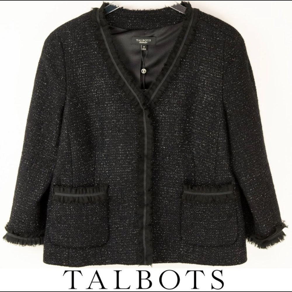 Talbots Black Metallic Wool Blend Blazer Grace Fit Black Size 14